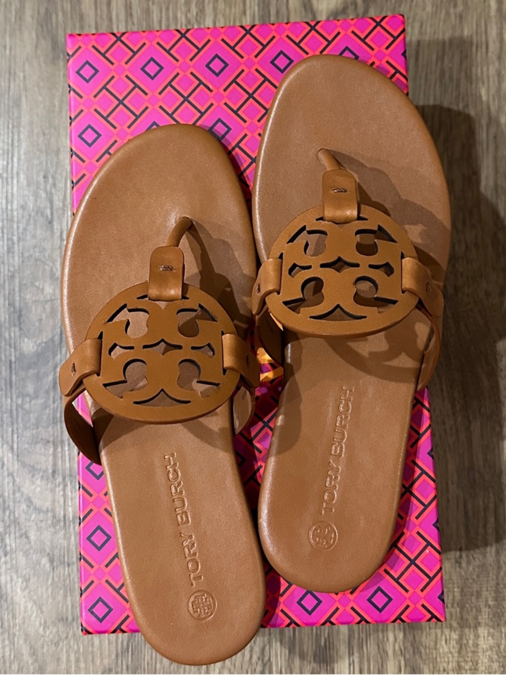 Tory Burch Cognac Leather Logo Thong Sandals